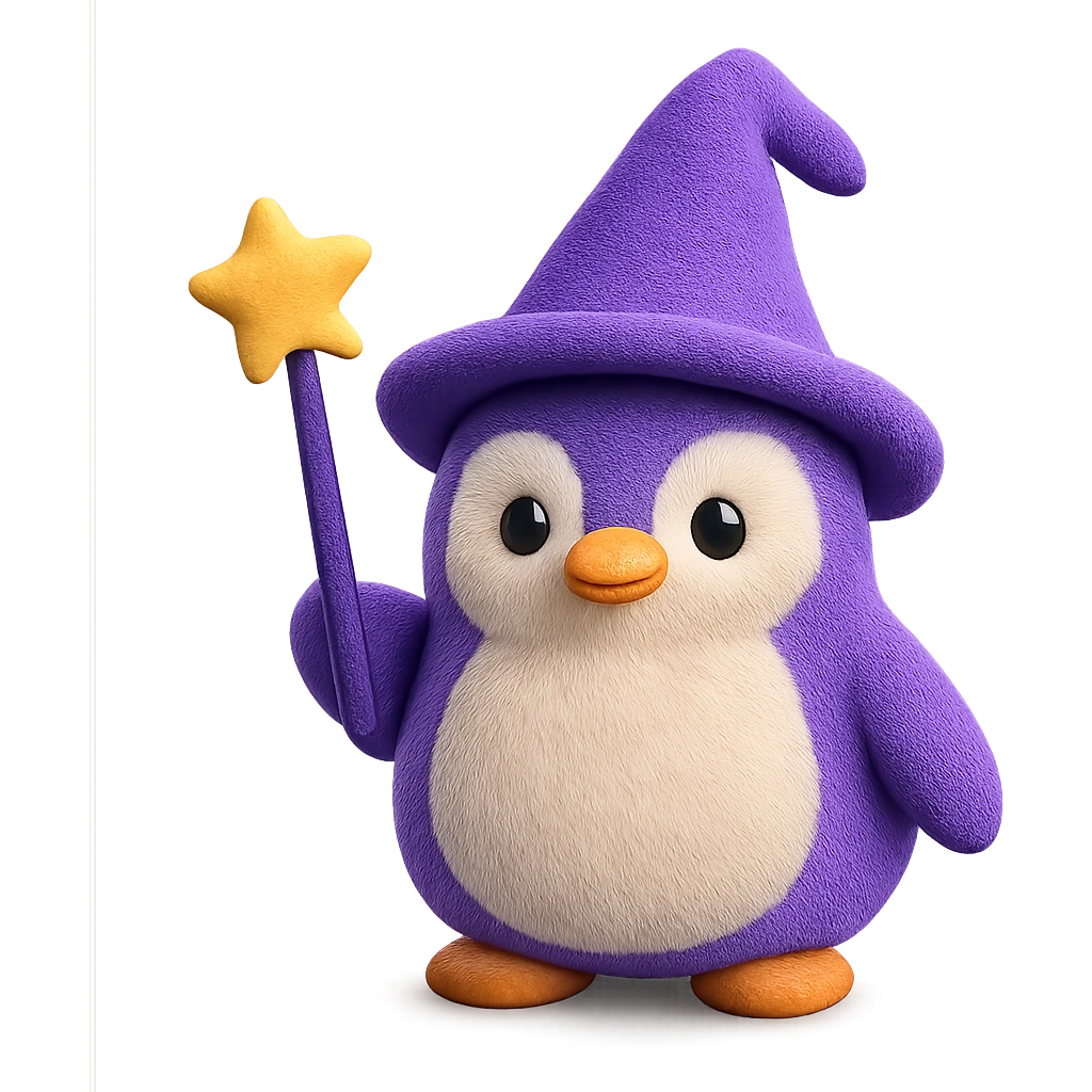 A penguin wizard with a tall pointed wizard hat, holding a magic wand. The penguin has a round plush body, friendly eyes, and a soft texture. emoji