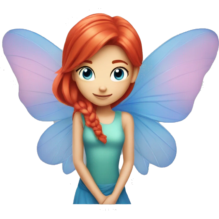 bloom winx fairy with red hair and blue eyes and in blue shirt with wings  emoji