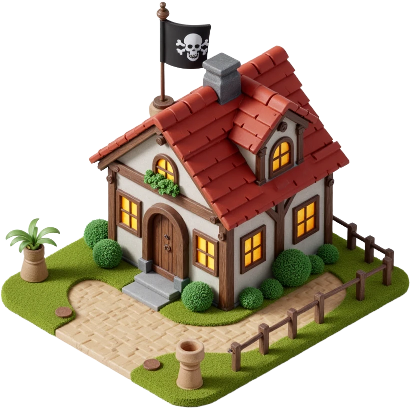 old pirate's house with skull flag emoji
