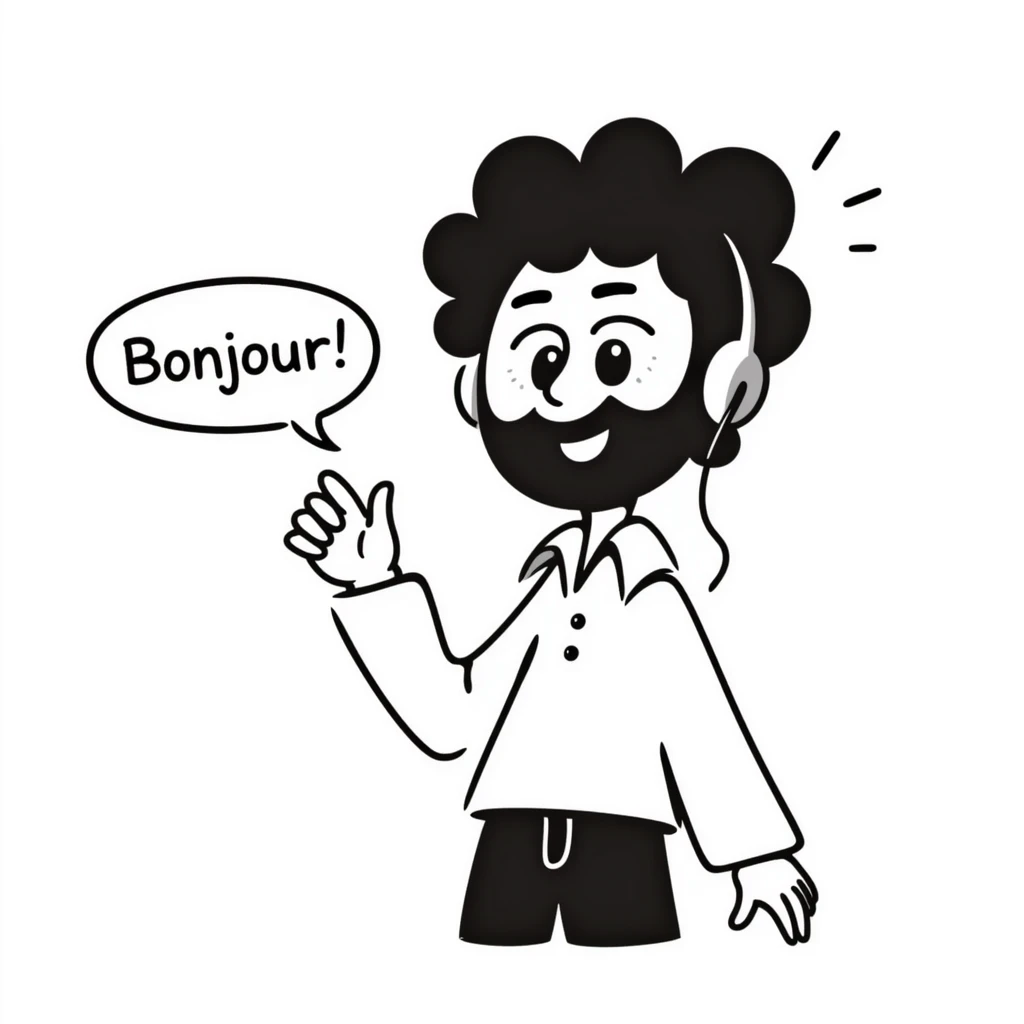 Anime-style character saying "Bonjour!", with black hair, brown eyes, black beard, wearing gaming headphones, Japanese animation style emoji