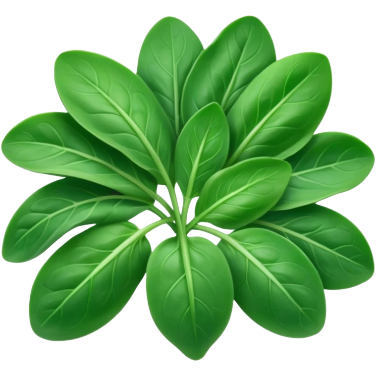 small handful of fresh baby spinach leaves, vibrant green color, smooth oval shapes, delicate veins, slight natural curl, soft slightly glossy surface, tender and fresh, no bowl, no water droplets, no packaging, soft lighting, subtle shadows, emoji scale emoji