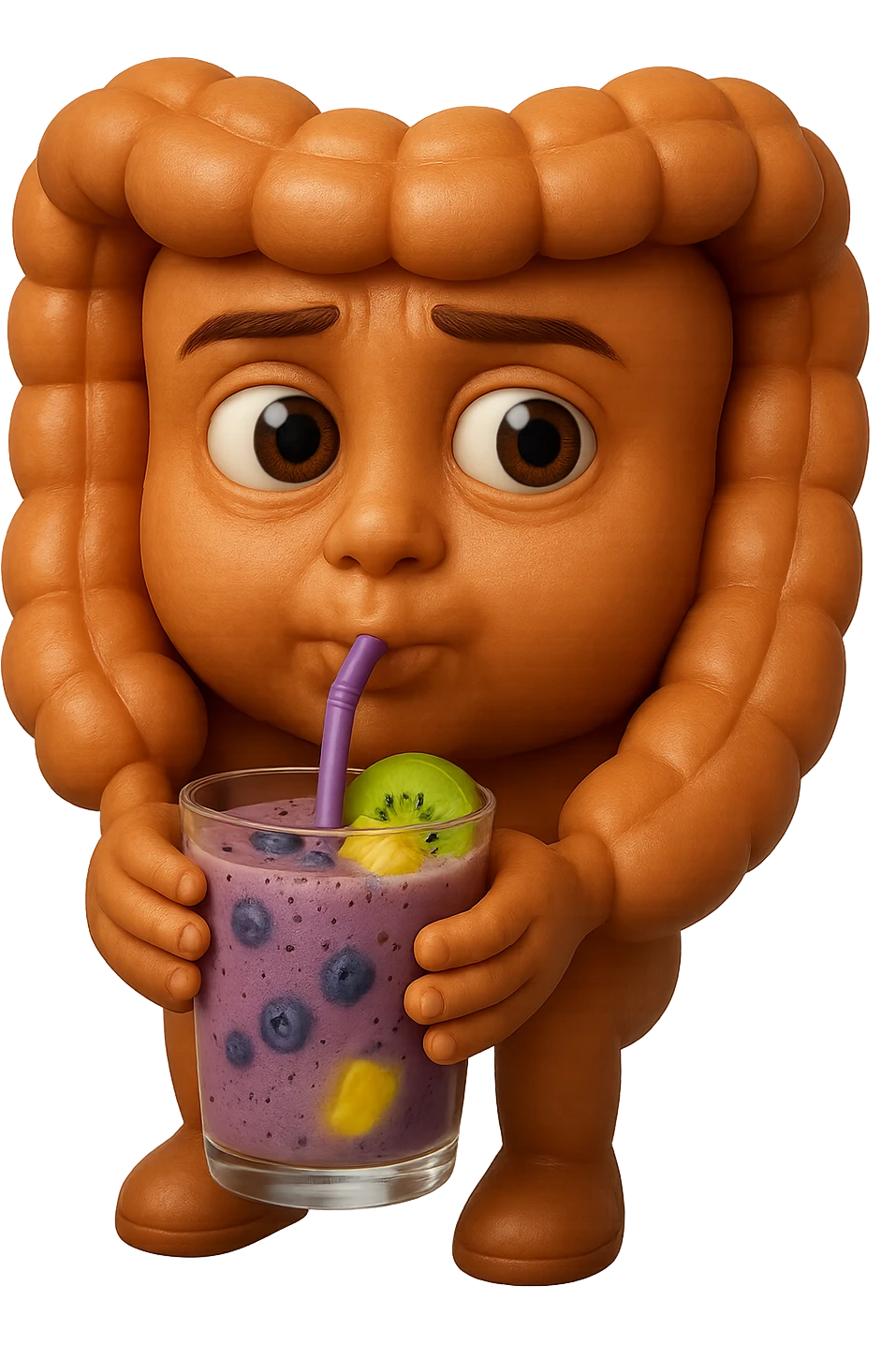 EMOJI STILE IPHONE DI un intestino umano anatomico che beve un frullato di mirtilli, ananas, kiwi, fagli anche la parte bianca degli occhi, non solo le pupille, REALISTICo 4K emoji