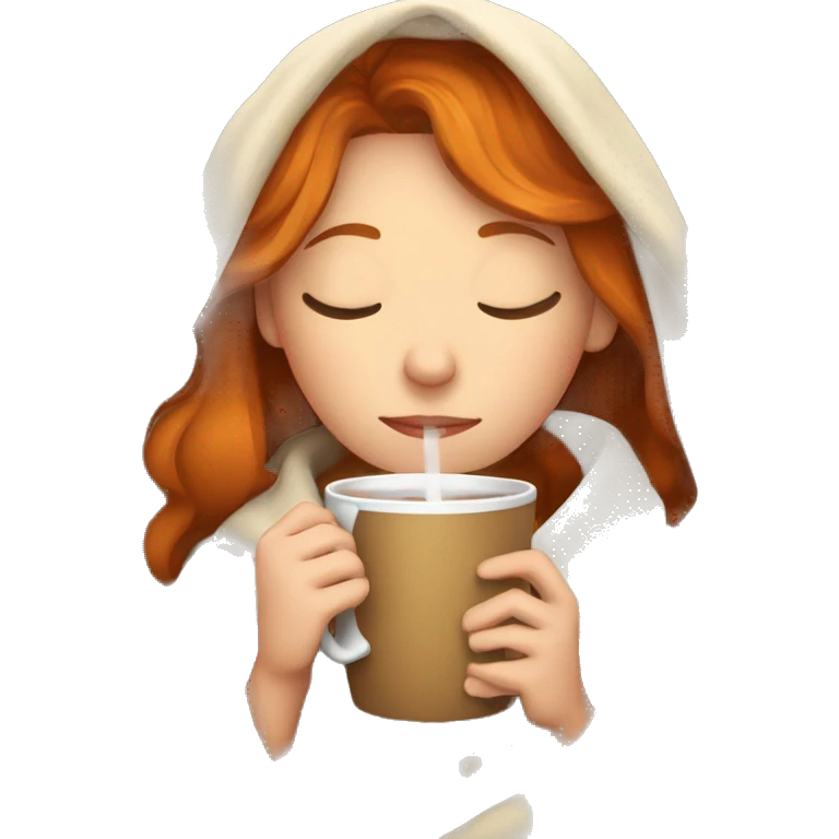 girl with Ginger hair inside a blanket sipping coffee eyes closed emoji