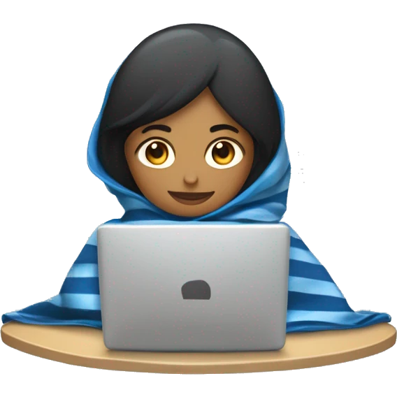 Chica crespa morena con una manta azul con rayas blancas y un computador emoji