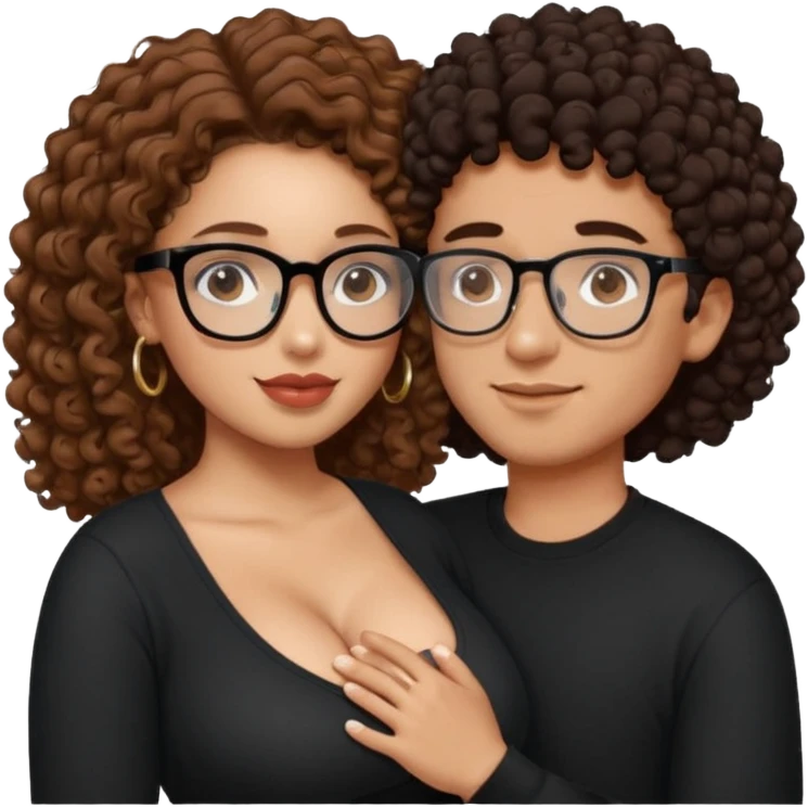 A mixed girl with rectangle glasses, the girl is wearing a black shirt, the girl has brown curly hair  and the girl has big boobs. A Mexican man is embracing her, with black bald hair  emoji
