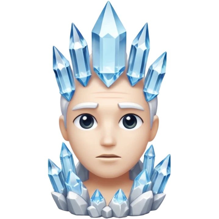 A single crystal character inspired by a clear quartz cluster, chunky base with many tall transparent crystal spikes growing upward all around it with a face emoji