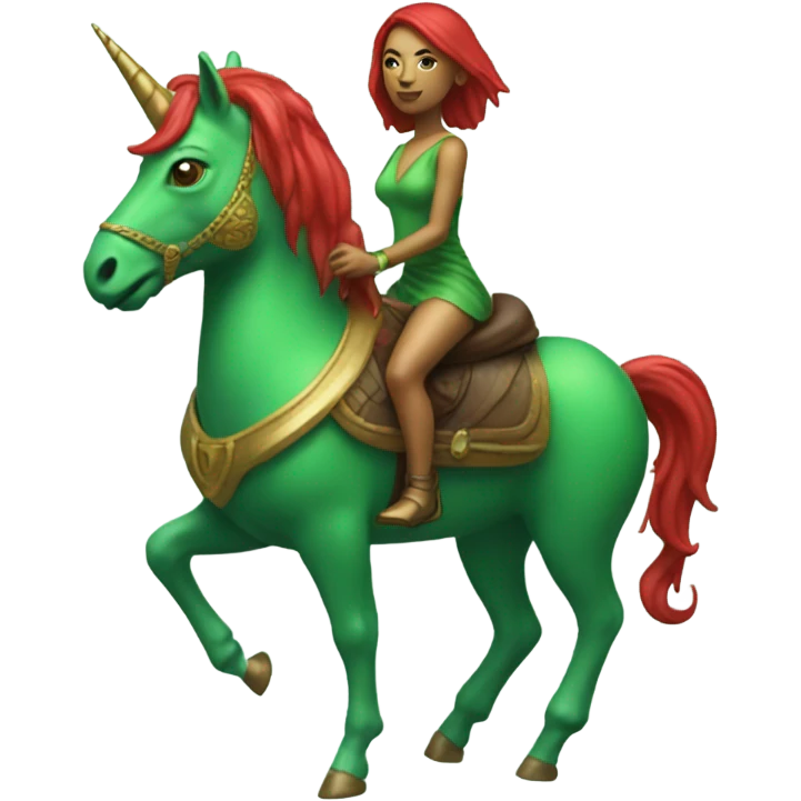 a green amazon alien woman, on a four-legged red unicorn emoji
