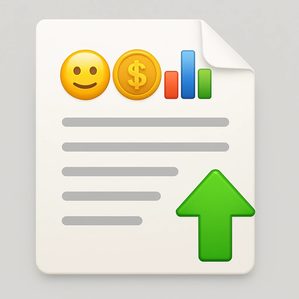 Change the upward arrow at the bottom right of the document to green, keep the rest of the emoji the same. The style is a document emoji with an upward arrow at the bottom right. emoji