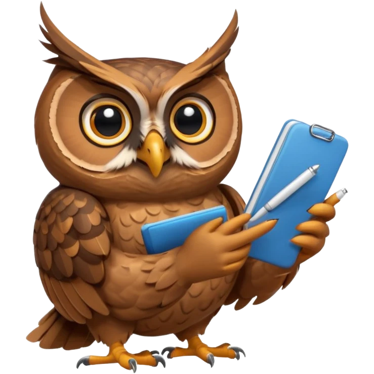 Сова  держит телефон крылом, внимательно слушает, блокнот под лапой  emoji