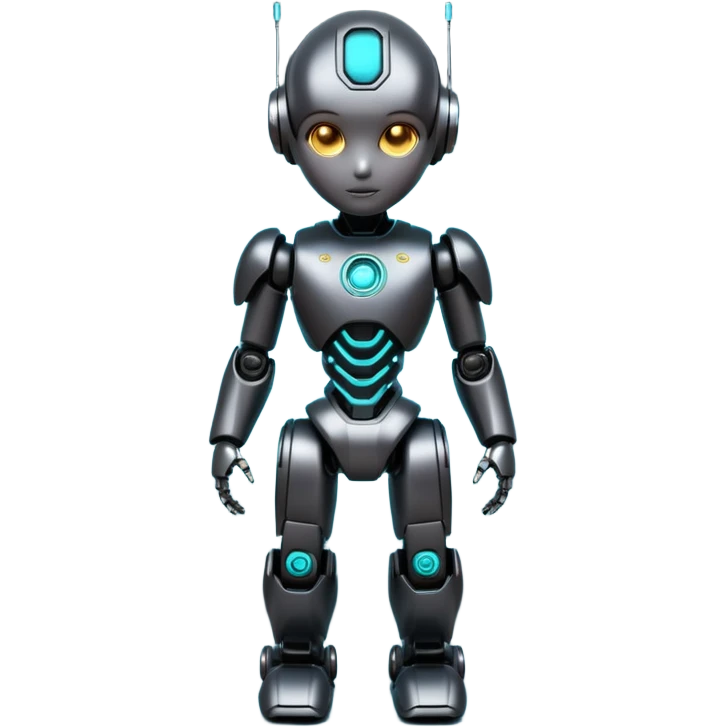 Cute futuristic chibi humanoid robot with large rounded head, glossy black and grey metal body, glowing cyan and amber eyes, visible joints, confident pose, white background, high-detail 3D render, add text on chest "LMX". emoji