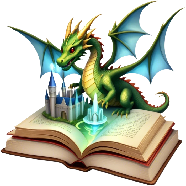 Icon for Fantasy and Science Fiction: a magical book with glowing pages, surrounded by a dragon, a spaceship, a wizard’s staff, and a futuristic cityscape. The icon should capture the adventure, magic, and imagination of fantasy and sci-fi worlds. Transparent background. emoji