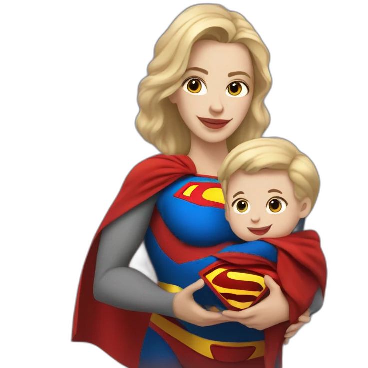 mother white skin brown hair dressed as Superman with a cape holding a blondbaby emoji