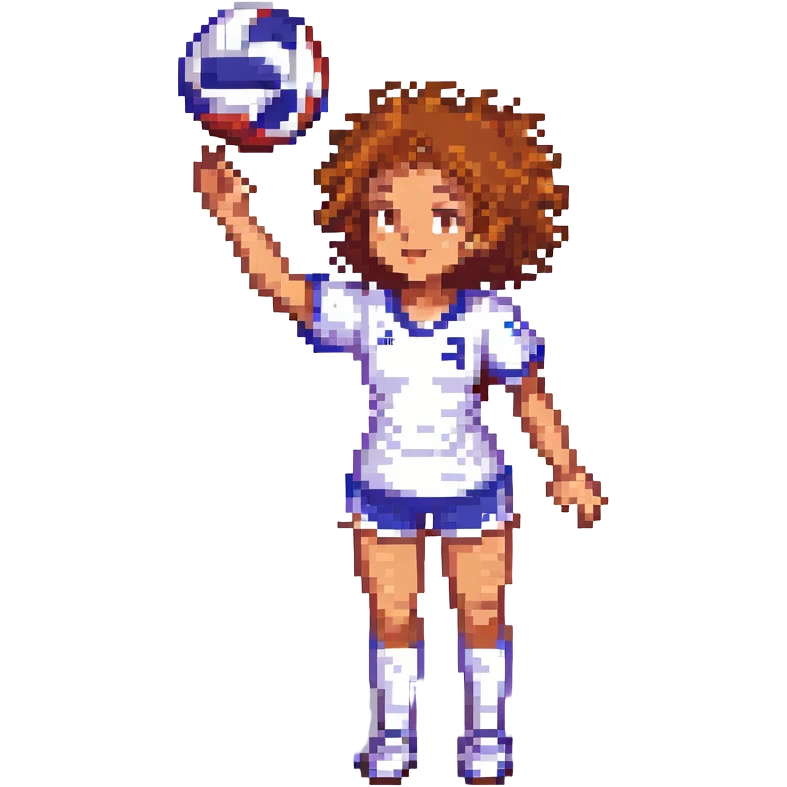 curly haired girl playing volleyball, serving the ball, pixel art style emoji