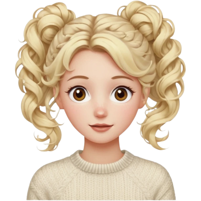 blonde hazel eyes woman with a white cable knit sweater and one curly messy bun with tendrils of hair flowing down her face and she is happy pale, some freckles, blush. she has a cateye wing and long lashes emoji