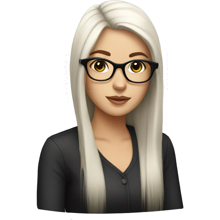white girl, black long hair and bangs with big glasses emoji