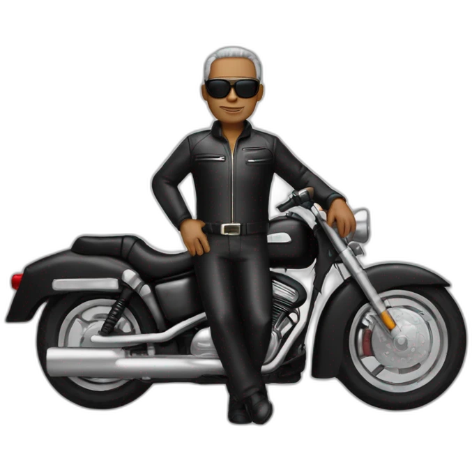 56 year old man, balled, brown eyes, black motorcycle suit, sunglasses on forehead emoji