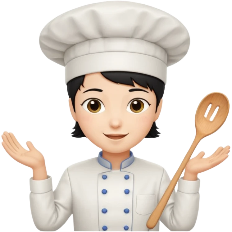 Short black hair, happy, wearing chef uniform and chef hat emoji