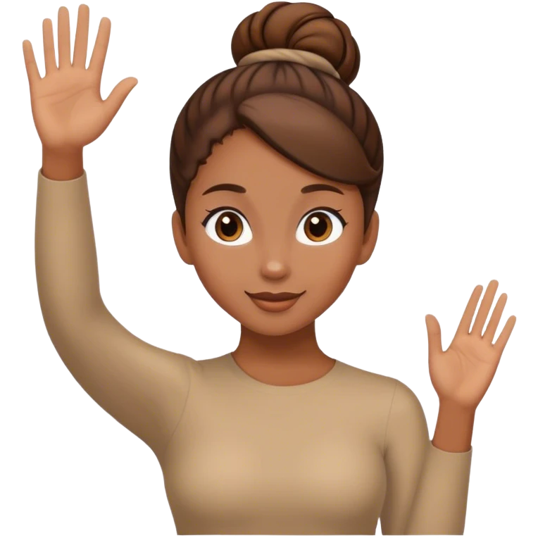 Light brown skin girl, brown hair in bun, waving goodbye emoji