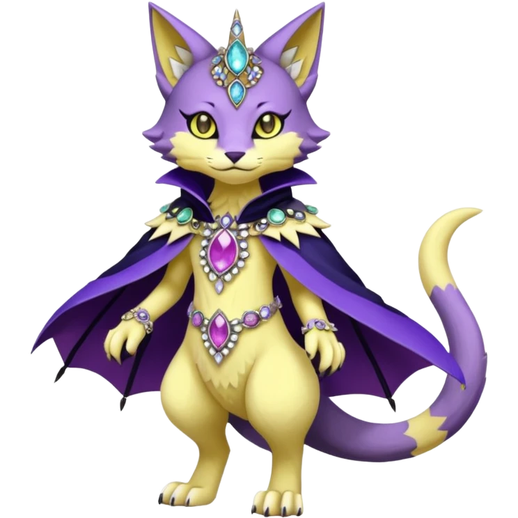 Kawaii cute Violet Yellow Black beautiful pretty elegant divine edgy feline-vernid-sergal-Fakémon-Pokémon-Digimon-fursona-animal-creature, full body, with intricate detailed markings, Embroidered capelet, Gem-studded horn ring emoji