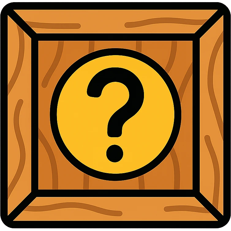 wooden crate style square icon with visible wood grain details, box effect, clearly visible question mark emoji