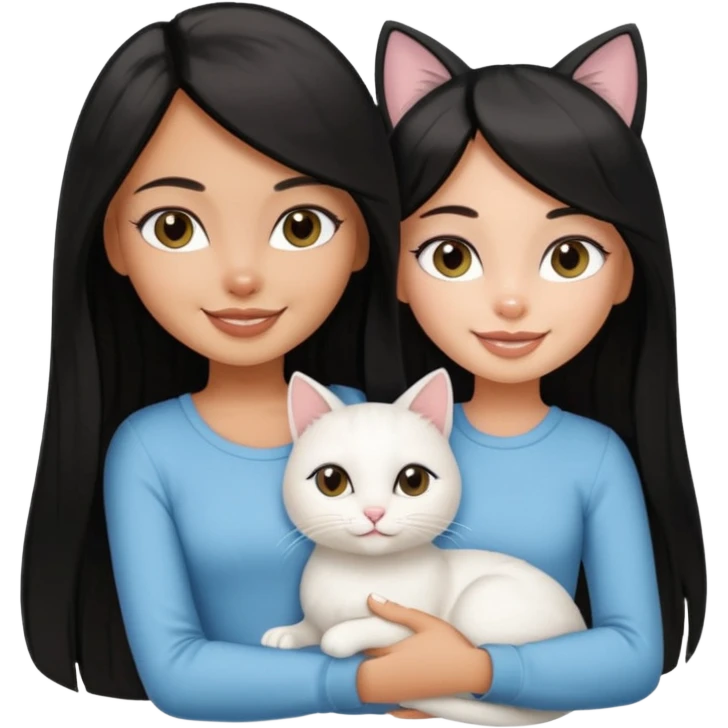 a pretty tan bratz girl with black long straight hair smiling and holding a white cat\ emoji