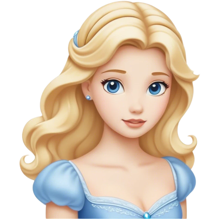 Cinematic Serene Cinderella Portrait Emoji, rendered in a realistic, vector-style with minimal shading. Depict a gentle Cinderella (chest and above) with porcelain skin, smooth blonde hair falling in soft waves, and calm, inviting eyes. Dressed in her modest daytime dress, she exudes quiet grace and pure enchantment, highlighted by a soft glowing outline. emoji