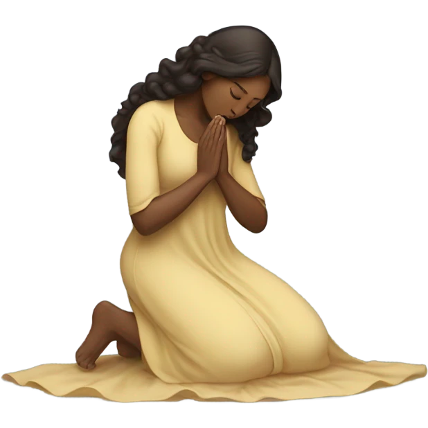 A woman kneeling praying, in a long dress, long curly dark brown hair emoji