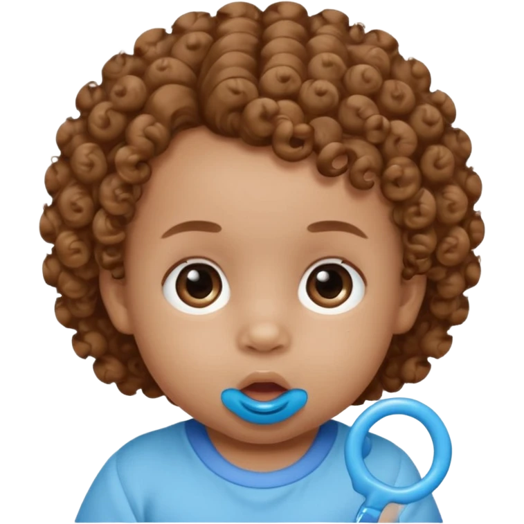A baby with light brown skin, curly light-brown hair, wide brown eyes, and a blue pacifier.  emoji