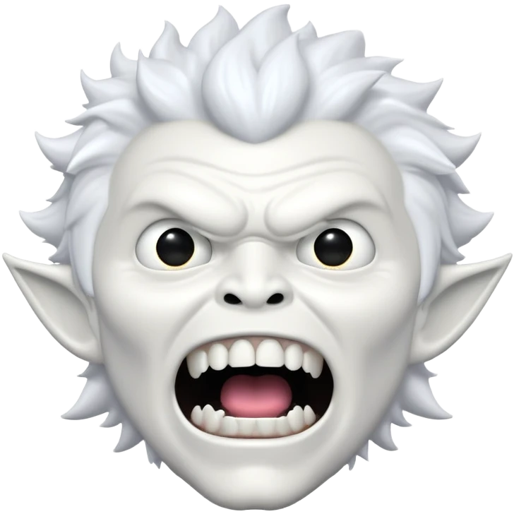 Rick Astley with white monster head that has small circular pupils and his mouth so wide open that you could only see his upper teeth ( he only has 5 upper teeth and they are large) and his clothes are very white and the background is pitch black emoji