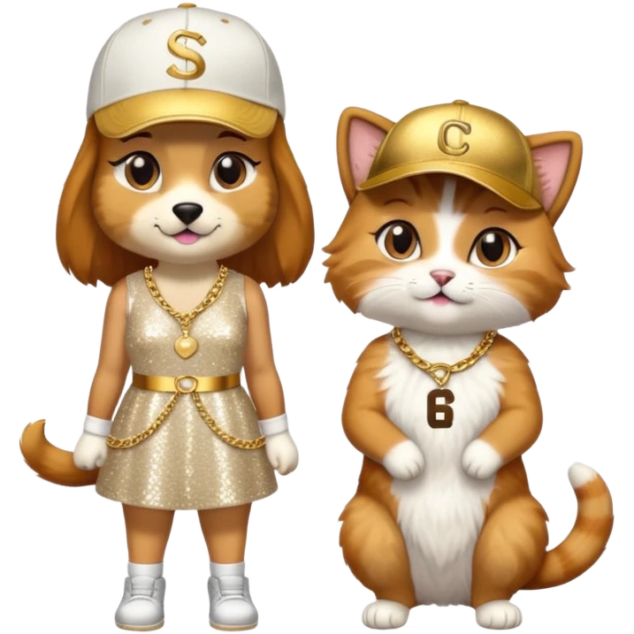 dog on a stage wearing rapper clothes next to a female cat with a dress emoji