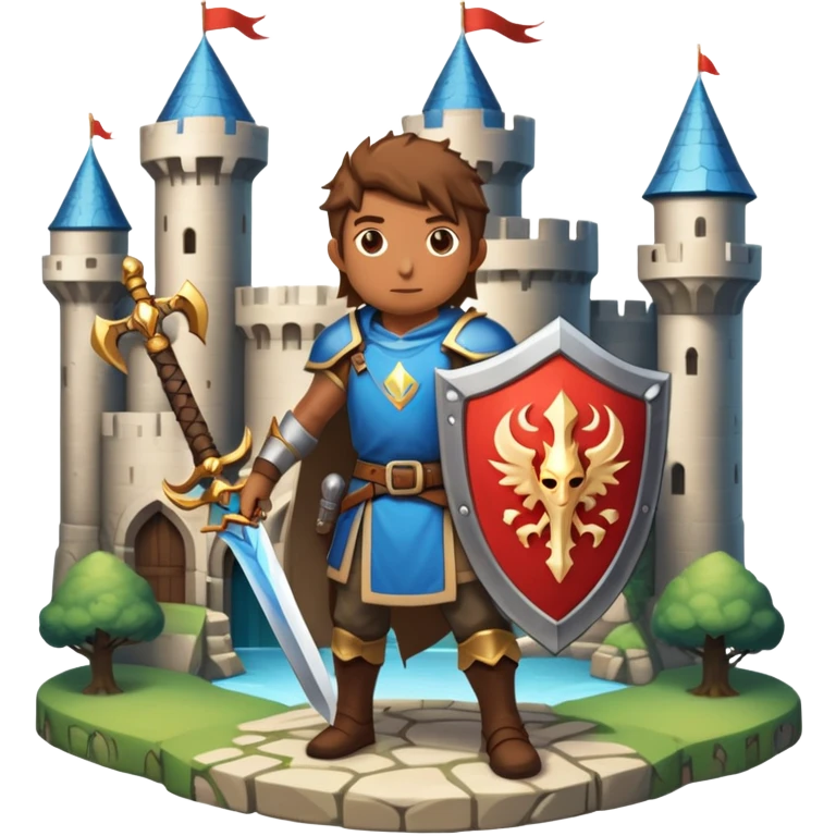 An icon symbolizing a RPG game, featuring a character holding a sword and shield, standing in front of a fantasy world with castles, dungeons and mythical creatures. The design emphasizes exploration, quests with elements like health bars and inventory icons. Transparent background emoji