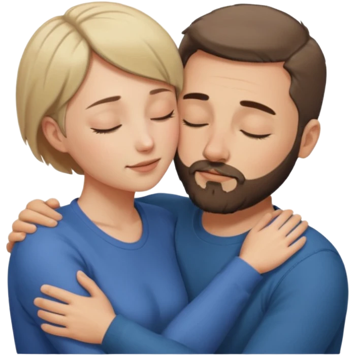 draw a man and a woman hugging each other passionately. looking toward each other. woman has short hair. man has short hair and beard. draw them with closed eyes. emoji