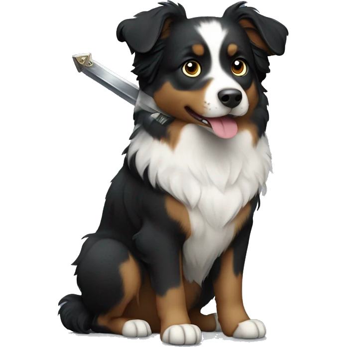 Small black australian shepherd dog with a sword emoji