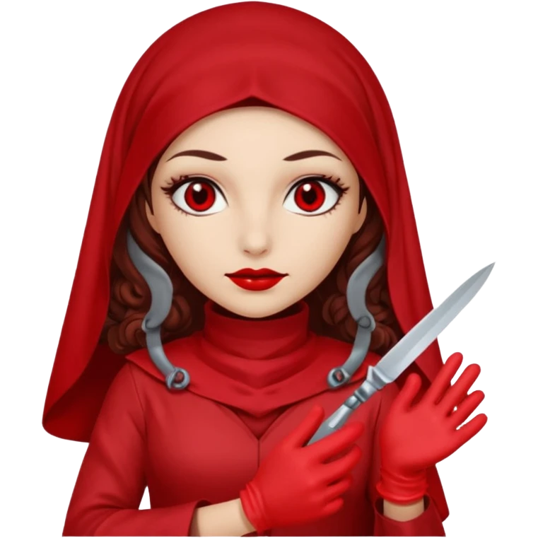 Lilith scalpel in hand, evil surgeon outfit.  She has red eyes. She has dark brown curly hair. Hair is long . Wears sexy doctor outfit with red gloves. Clears, mouth with Muslim red burka emoji