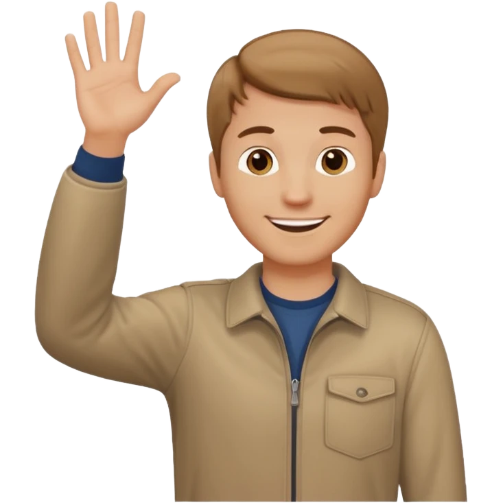 A white man in casual clothes, standing, waving his hand, with light brown hair emoji