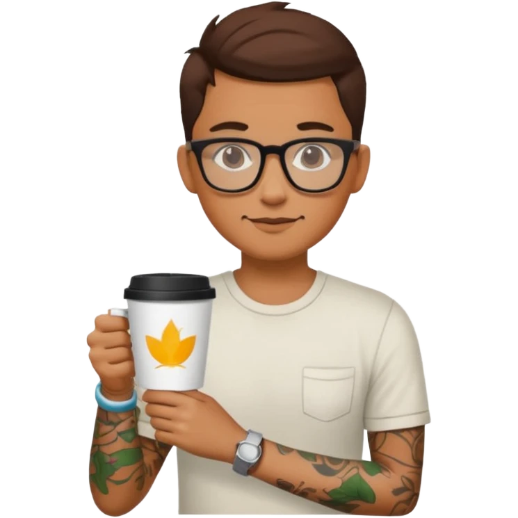 gözlük takan, dövmeli ve elinde kahve tutan, yaz kıyafetli insan emoji