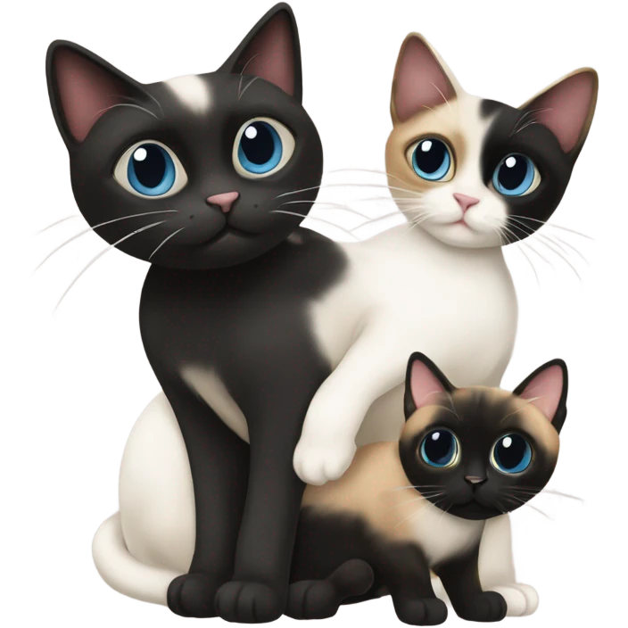 A Siamese cat with a calico cat with a black cat with white paws emoji