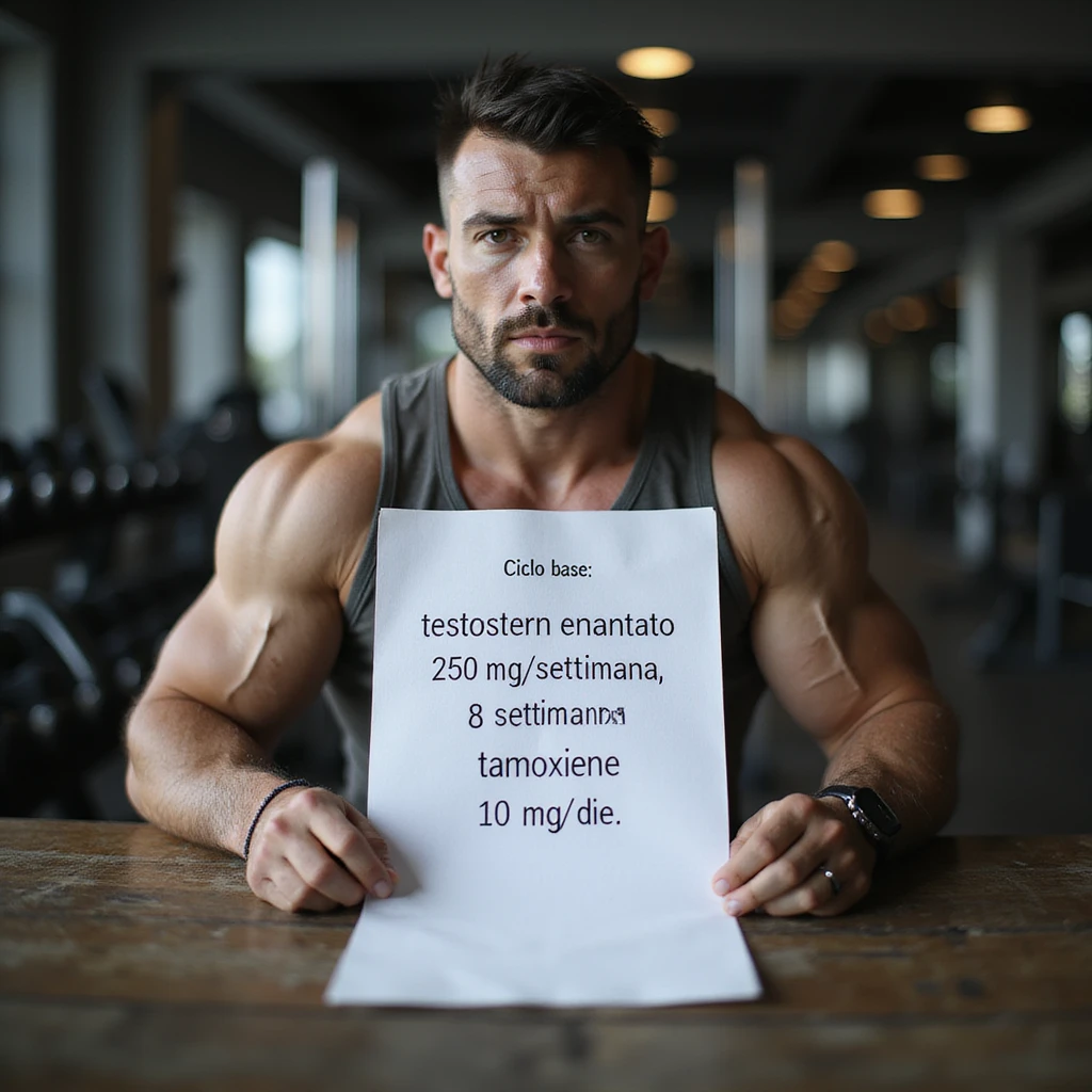 Bodybuilding coach sitting at a gym desk showing a sheet with the protocol clearly written: 'Ciclo base: testosterone enantato 250 mg/settimana, 8 settimane, tamoxifene 10 mg/die.' The coach appears serious and professional, realistic gym environment, hyperrealistic 4K details. emoji