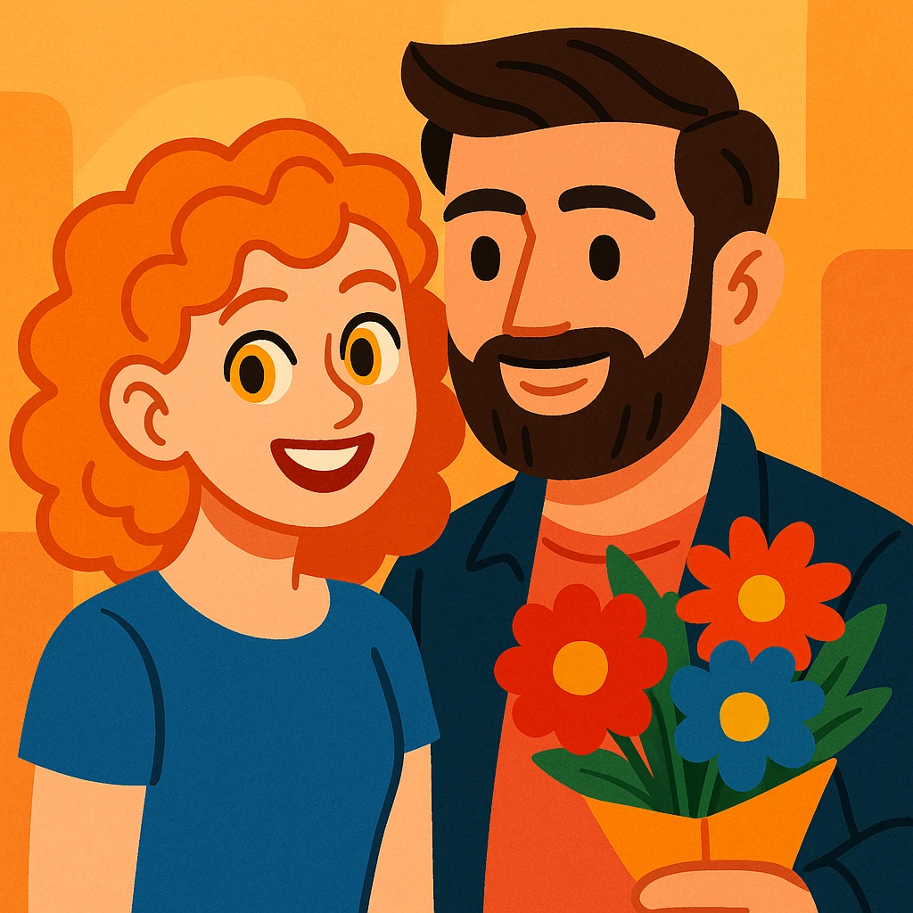 a curly haired girl with yellow eyes and hair parted from the right side, smiling beside a handsome bearded man holding a bouquet, modern, colorful, and charming emoji