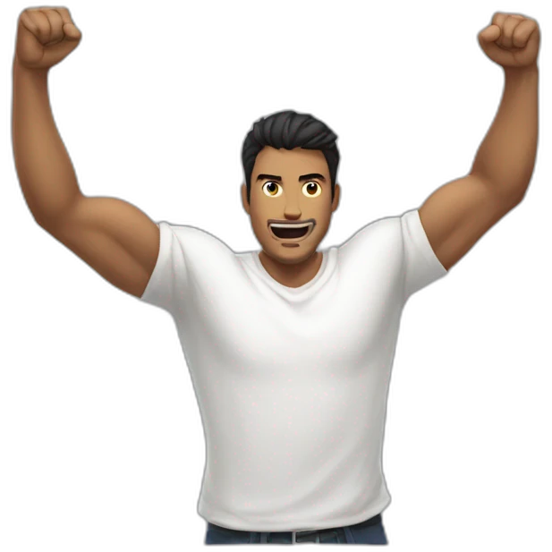 dark haired man in white t-shirt raising fists in victory emoji