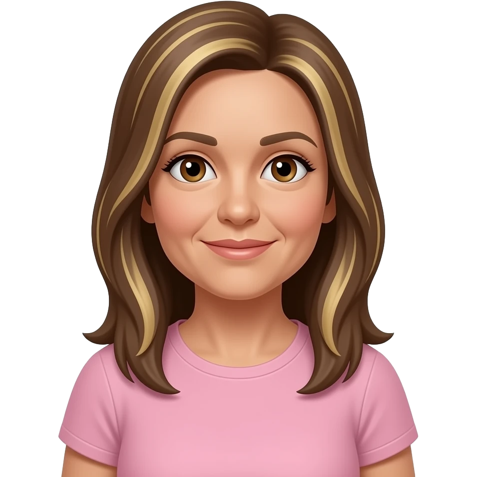 LI - woman, brown eyes, early 50s, brown long straight hair with a few blonde highlights, light pink t-shirt and light brown skin emoji