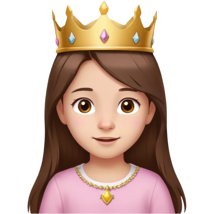 girl, straight long brown hair, brown eyes, baby pink shirt, gold crown, small birthmark left of nose, cheerful birthday expression emoji