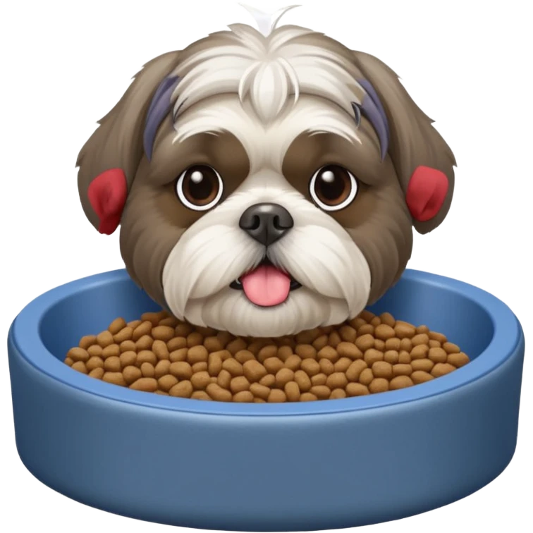 old ALL grey shih tzu in dog bed tongue hanging out with a bowl of food emoji