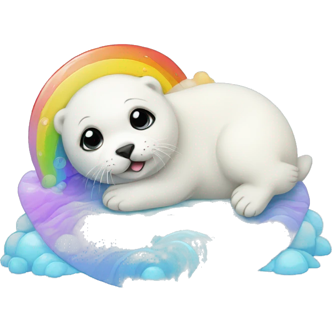 harp seal pup with a rainbow emoji