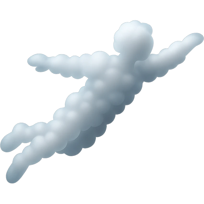 a person flying in the air, entirely made of small very white fluffy clouds, matte glass style, no background, no shadows, no extra details emoji