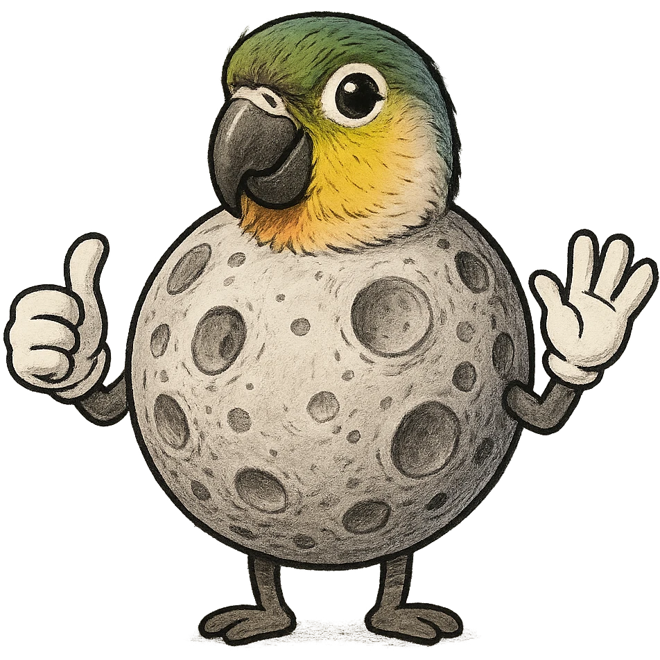 The Moon satellite with a small parrot head, with arms wearing gloves, winking emoji