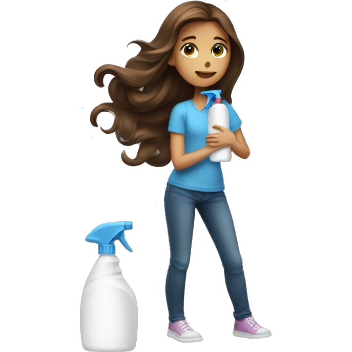 Girl with long brown hair with cleaning spray bottle emoji