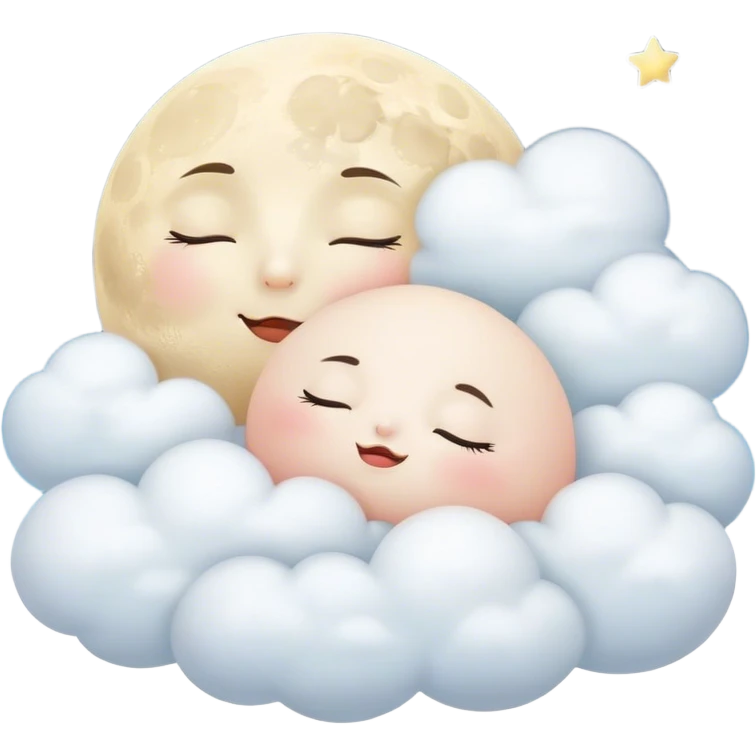 Cinematic adorable moon with a sleepy face, round and chubby, soft glowing light, tiny rosy cheeks, resting on a bed of fluffy clouds, dreamy and peaceful. emoji