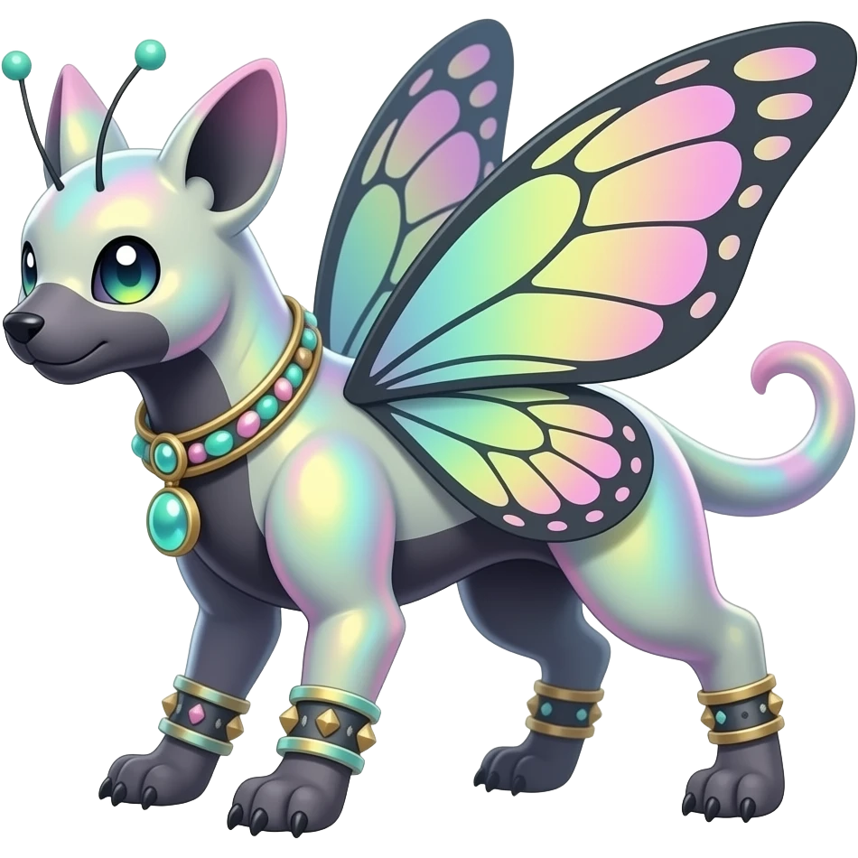 Realistic Quadrupedal 4-legged complex futuristic detailed dark dusky gloomy pastel pink-pastel-green-pastel-yellow-white-gradient-iridescent, realistic Fakémon-Sprigatito-Floragato-Meowscarada-Trico-Sergal-Serval-Vernid-creature (full body) with bracelets and anklets and butterfly-wings emoji