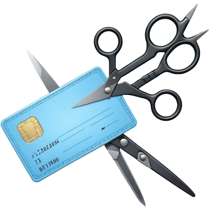 Floating black Scissors cutting a light blue military ID card in 2 parts .hyper realistic emoji